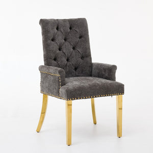 English Elm Upholstered Wingback Dining Armchair Chenille Tufted Nailhead Trim Steel Legs Gray W1143P533622