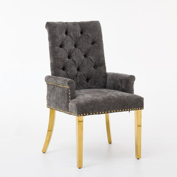 English Elm Upholstered Wingback Dining Armchair Chenille Tufted Nailhead Trim Steel Legs Gray W1143P533622
