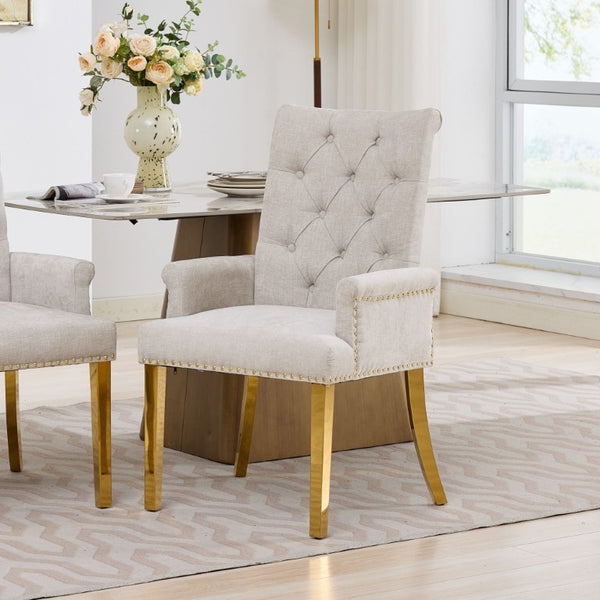 English Elm Upholstered Wingback Dining Armchair Chenille Tufted Nailhead Trim Steel Legs Beige W1143P533623