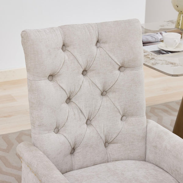 English Elm Upholstered Wingback Dining Armchair Chenille Tufted Nailhead Trim Steel Legs Beige W1143P533623