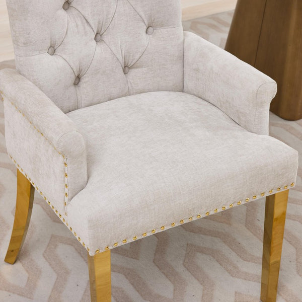 English Elm Upholstered Wingback Dining Armchair Chenille Tufted Nailhead Trim Steel Legs Beige W1143P533623
