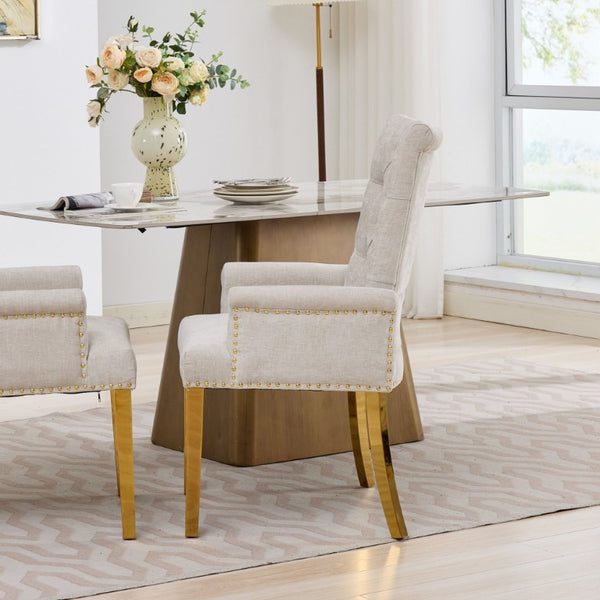 English Elm Upholstered Wingback Dining Armchair Chenille Tufted Nailhead Trim Steel Legs Beige W1143P533623