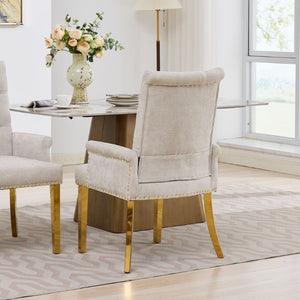 English Elm Upholstered Wingback Dining Armchair Chenille Tufted Nailhead Trim Steel Legs Beige W1143P533623