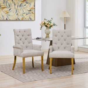 English Elm Upholstered Wingback Dining Armchair Chenille Tufted Nailhead Trim Steel Legs Beige W1143P533623