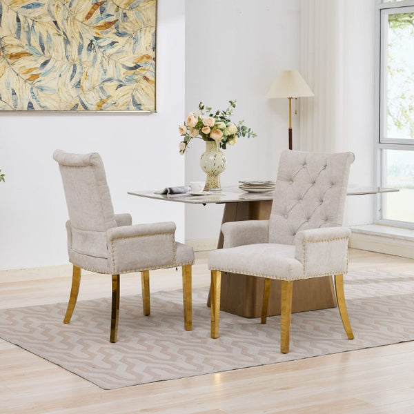 English Elm Upholstered Wingback Dining Armchair Chenille Tufted Nailhead Trim Steel Legs Beige W1143P533623
