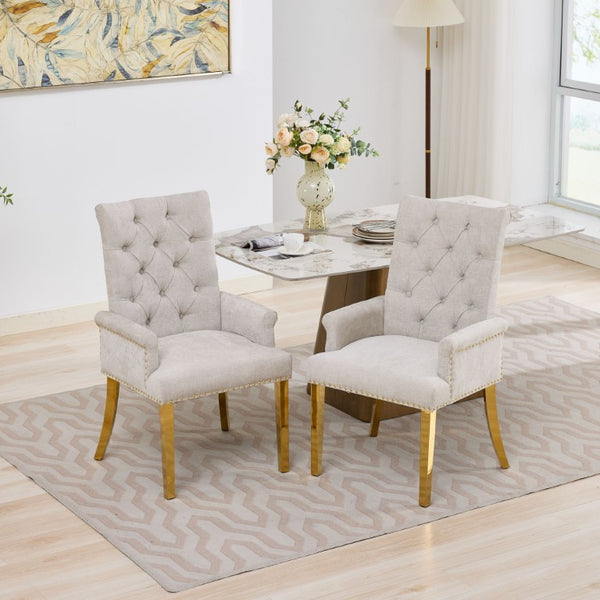 English Elm Upholstered Wingback Dining Armchair Chenille Tufted Nailhead Trim Steel Legs Beige W1143P533623
