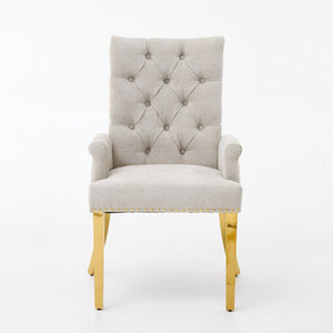 English Elm Upholstered Wingback Dining Armchair Chenille Tufted Nailhead Trim Steel Legs Beige W1143P533623