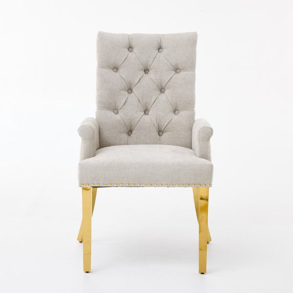English Elm Upholstered Wingback Dining Armchair Chenille Tufted Nailhead Trim Steel Legs Beige W1143P533623