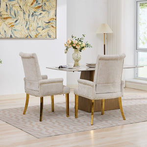 English Elm Upholstered Wingback Dining Armchair Chenille Tufted Nailhead Trim Steel Legs Beige W1143P533623