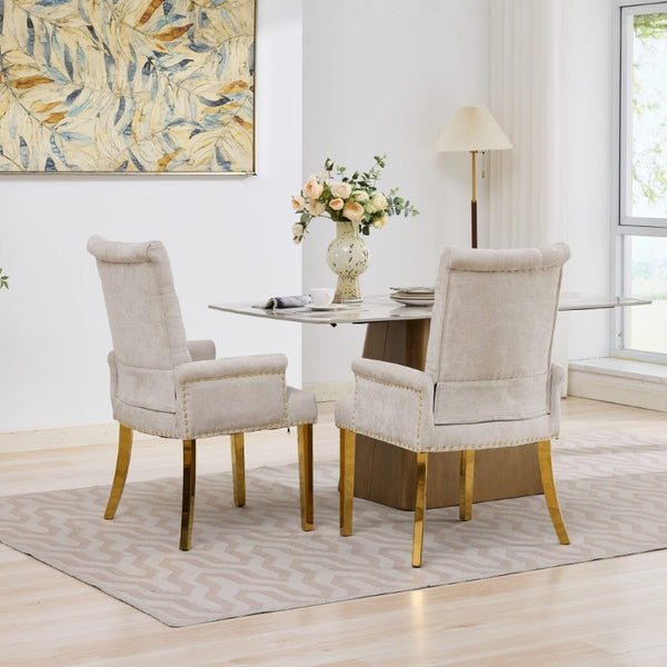 English Elm Upholstered Wingback Dining Armchair Chenille Tufted Nailhead Trim Steel Legs Beige W1143P533623