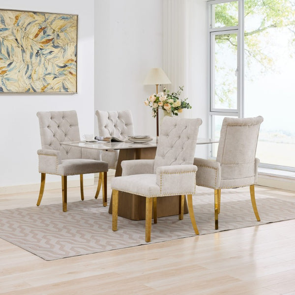 English Elm Upholstered Wingback Dining Armchair Chenille Tufted Nailhead Trim Steel Legs Beige W1143P533623