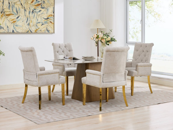 English Elm Upholstered Wingback Dining Armchair Chenille Tufted Nailhead Trim Steel Legs Beige W1143P533623