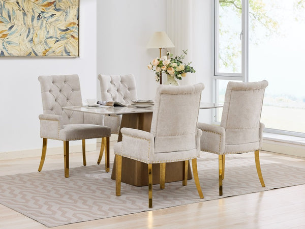 English Elm Upholstered Wingback Dining Armchair Chenille Tufted Nailhead Trim Steel Legs Beige W1143P533623