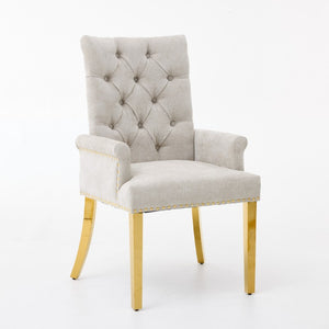 English Elm Upholstered Wingback Dining Armchair Chenille Tufted Nailhead Trim Steel Legs Beige W1143P533623