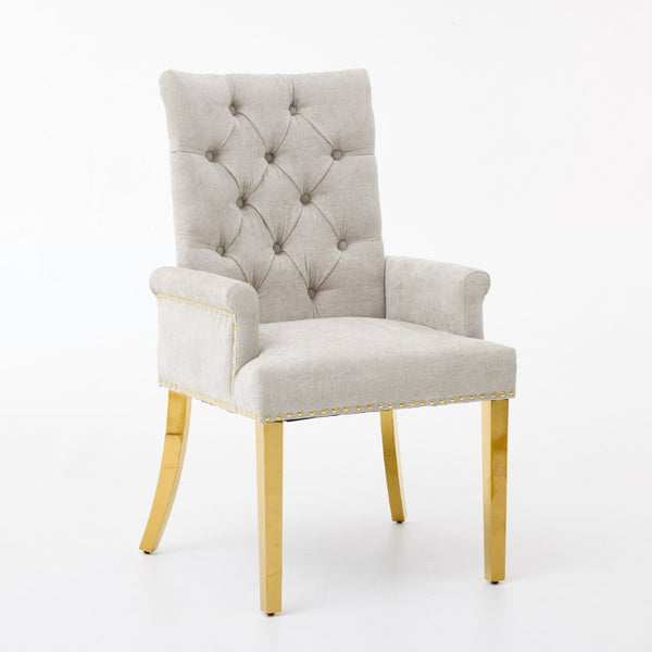English Elm Upholstered Wingback Dining Armchair Chenille Tufted Nailhead Trim Steel Legs Beige W1143P533623