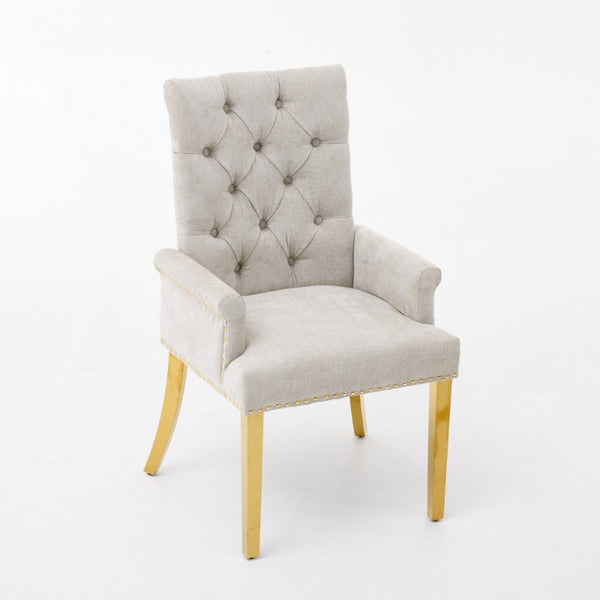 English Elm Upholstered Wingback Dining Armchair Chenille Tufted Nailhead Trim Steel Legs Beige W1143P533623