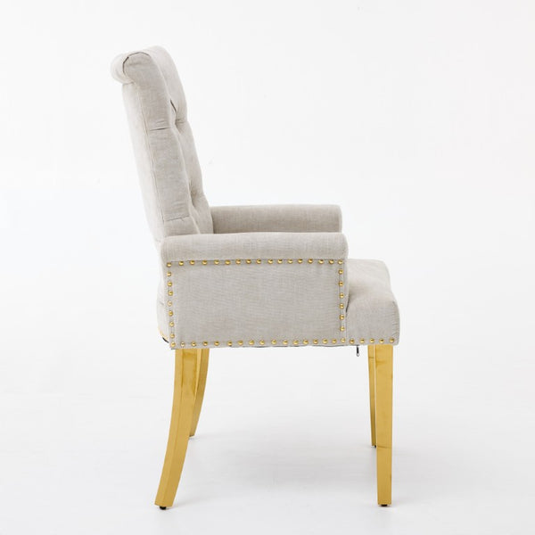 English Elm Upholstered Wingback Dining Armchair Chenille Tufted Nailhead Trim Steel Legs Beige W1143P533623