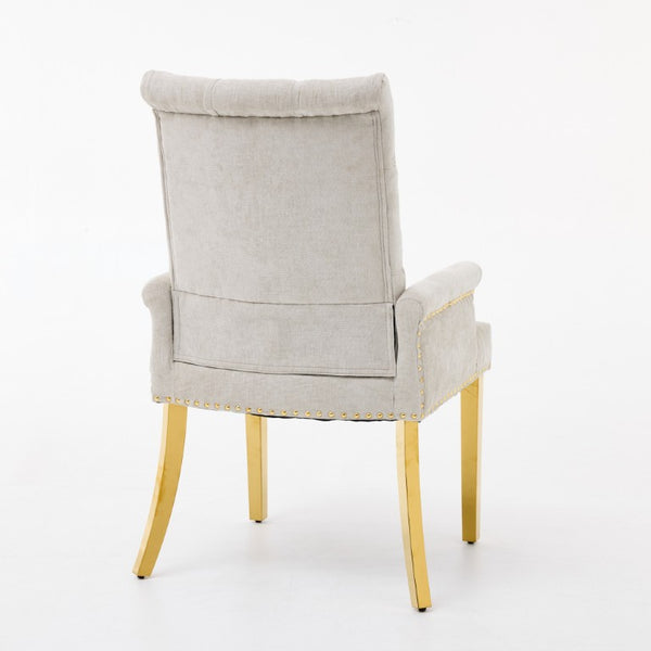 English Elm Upholstered Wingback Dining Armchair Chenille Tufted Nailhead Trim Steel Legs Beige W1143P533623