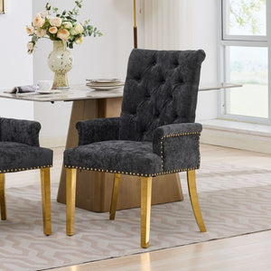 English Elm Upholstered Wingback Dining Armchair Chenille Tufted Nailhead Trim Steel Legs Black W1143P533624