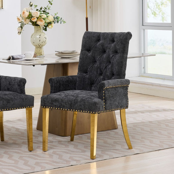 English Elm Upholstered Wingback Dining Armchair Chenille Tufted Nailhead Trim Steel Legs Black W1143P533624