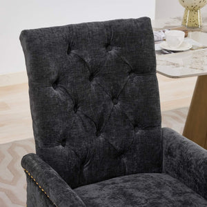 English Elm Upholstered Wingback Dining Armchair Chenille Tufted Nailhead Trim Steel Legs Black W1143P533624