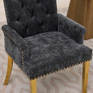 English Elm Upholstered Wingback Dining Armchair Chenille Tufted Nailhead Trim Steel Legs Black W1143P533624