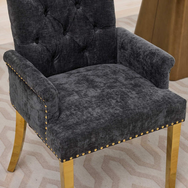 English Elm Upholstered Wingback Dining Armchair Chenille Tufted Nailhead Trim Steel Legs Black W1143P533624