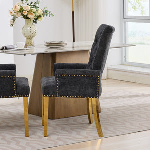 English Elm Upholstered Wingback Dining Armchair Chenille Tufted Nailhead Trim Steel Legs Black W1143P533624
