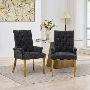 English Elm Upholstered Wingback Dining Armchair Chenille Tufted Nailhead Trim Steel Legs Black W1143P533624