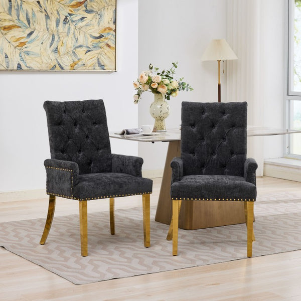 English Elm Upholstered Wingback Dining Armchair Chenille Tufted Nailhead Trim Steel Legs Black W1143P533624