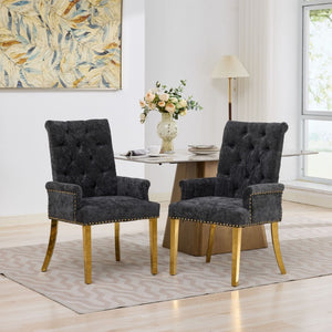 English Elm Upholstered Wingback Dining Armchair Chenille Tufted Nailhead Trim Steel Legs Black W1143P533624