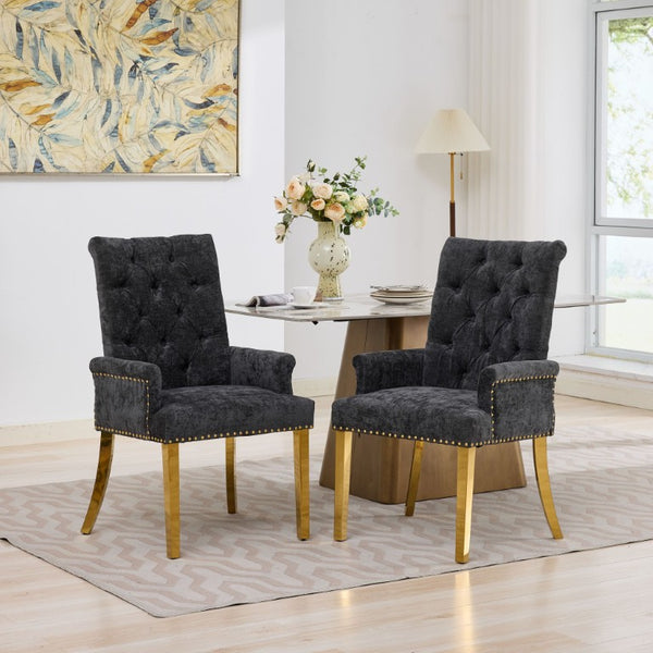 English Elm Upholstered Wingback Dining Armchair Chenille Tufted Nailhead Trim Steel Legs Black W1143P533624