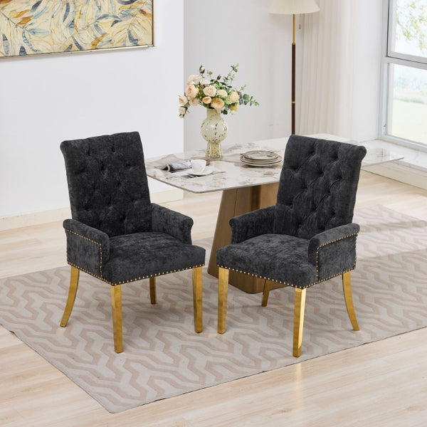 English Elm Upholstered Wingback Dining Armchair Chenille Tufted Nailhead Trim Steel Legs Black W1143P533624