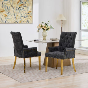 English Elm Upholstered Wingback Dining Armchair Chenille Tufted Nailhead Trim Steel Legs Black W1143P533624