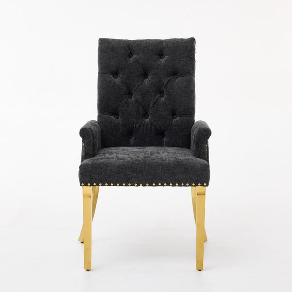 English Elm Upholstered Wingback Dining Armchair Chenille Tufted Nailhead Trim Steel Legs Black W1143P533624