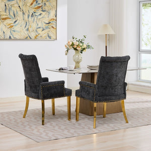 English Elm Upholstered Wingback Dining Armchair Chenille Tufted Nailhead Trim Steel Legs Black W1143P533624