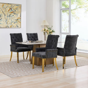 English Elm Upholstered Wingback Dining Armchair Chenille Tufted Nailhead Trim Steel Legs Black W1143P533624