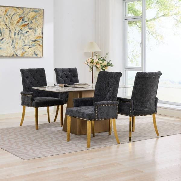 English Elm Upholstered Wingback Dining Armchair Chenille Tufted Nailhead Trim Steel Legs Black W1143P533624