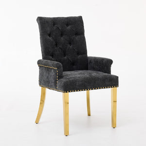 English Elm Upholstered Wingback Dining Armchair Chenille Tufted Nailhead Trim Steel Legs Black W1143P533624