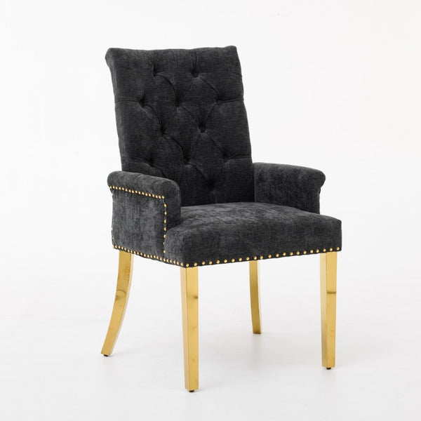 English Elm Upholstered Wingback Dining Armchair Chenille Tufted Nailhead Trim Steel Legs Black W1143P533624