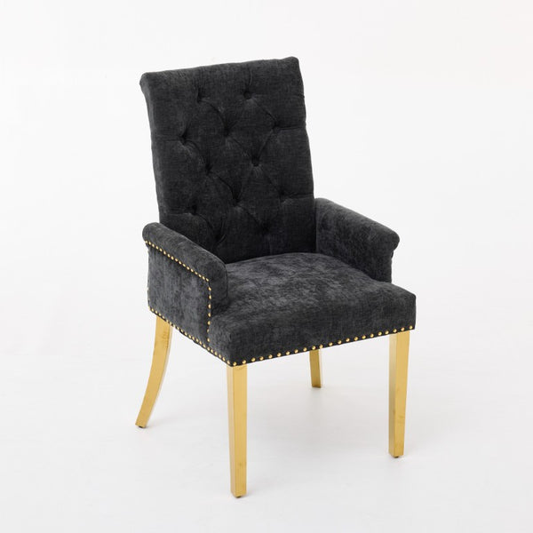 English Elm Upholstered Wingback Dining Armchair Chenille Tufted Nailhead Trim Steel Legs Black W1143P533624