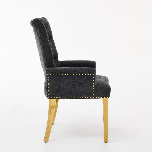English Elm Upholstered Wingback Dining Armchair Chenille Tufted Nailhead Trim Steel Legs Black W1143P533624