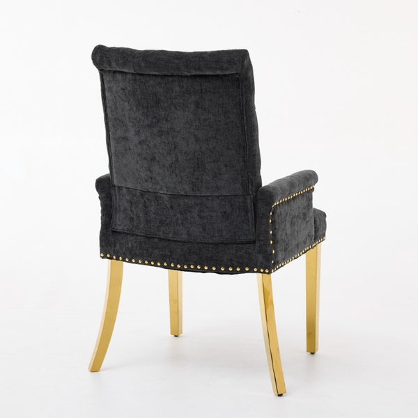 English Elm Upholstered Wingback Dining Armchair Chenille Tufted Nailhead Trim Steel Legs Black W1143P533624