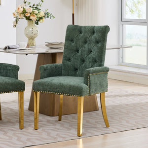 English Elm Upholstered Wingback Dining Armchair with Button Tufting Nailhead Trim Steel Legs Olive Green Chenille W1143P533625