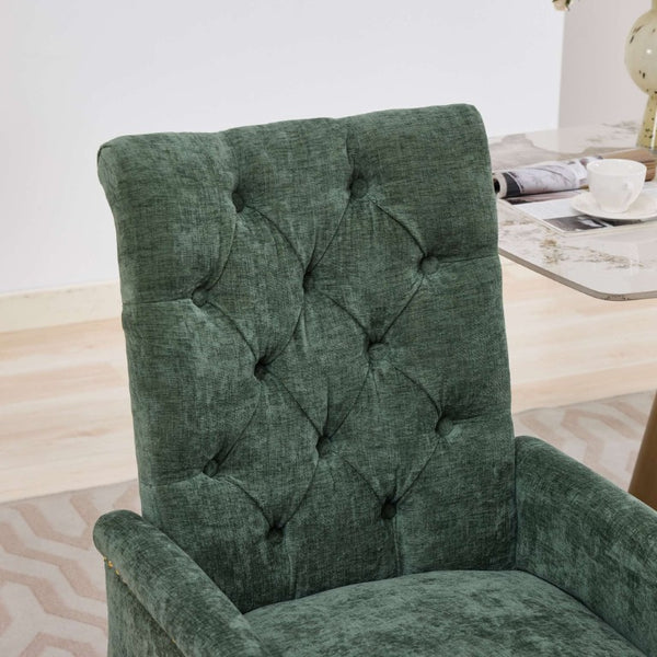 English Elm Upholstered Wingback Dining Armchair with Button Tufting Nailhead Trim Steel Legs Olive Green Chenille W1143P533625