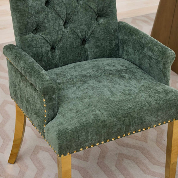 English Elm Upholstered Wingback Dining Armchair with Button Tufting Nailhead Trim Steel Legs Olive Green Chenille W1143P533625