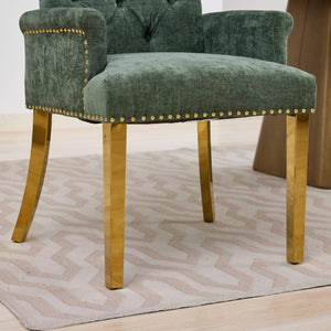 English Elm Upholstered Wingback Dining Armchair with Button Tufting Nailhead Trim Steel Legs Olive Green Chenille W1143P533625