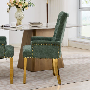English Elm Upholstered Wingback Dining Armchair with Button Tufting Nailhead Trim Steel Legs Olive Green Chenille W1143P533625