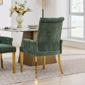 English Elm Upholstered Wingback Dining Armchair with Button Tufting Nailhead Trim Steel Legs Olive Green Chenille W1143P533625