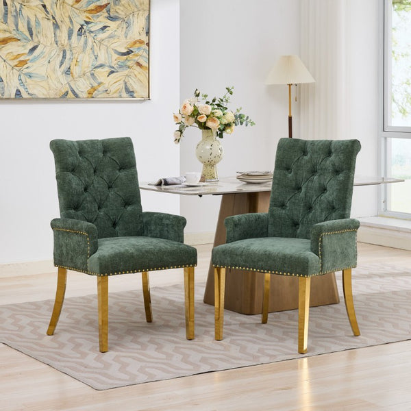 English Elm Upholstered Wingback Dining Armchair with Button Tufting Nailhead Trim Steel Legs Olive Green Chenille W1143P533625